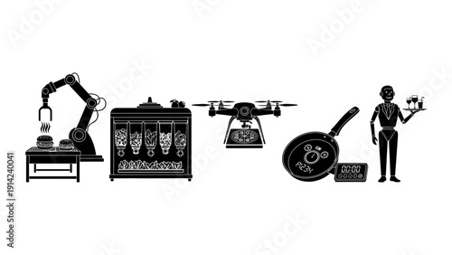 Future food technology and robotic kitchen set with industrial robot arm, delivery drone, and humanoid waiter icons.