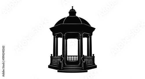Black silhouette of a gazebo with a domed roof and columns on a white background