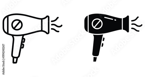Professional hair dryer symbols in linear and glyph styles for salon and personal grooming