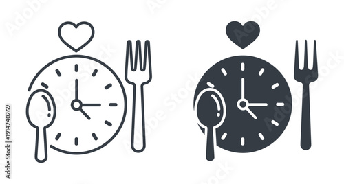 Two versions of meal timing icon featuring a clock face cutlery and heart