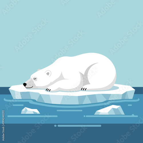 Polar Bear Sleeping on Ice Floe in Arctic Ocean, Climate Change Concept