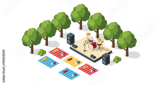 Outdoor music festival with stage, trees, and audience in a natural setting via ImageFX