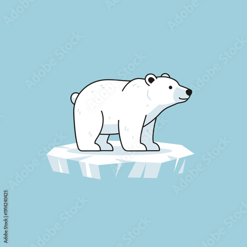 Cute cartoon polar bear standing on an ice floe against a light blue background.