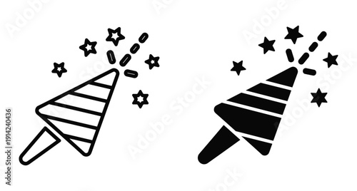 Set of two party popper icons featuring stars and confetti for festive celebration