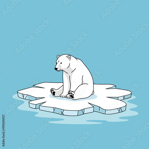 Sad polar bear sitting on melting ice floe, climate change concept