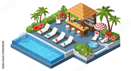 Aerial view of a luxurious poolside resort with lounge chairs and palm trees surrounding a bar area near a swimming pool
