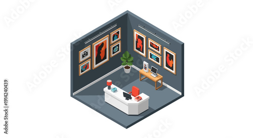 Isometric Illustration of a Modern Office Space with Graphic Design Elements and Furniture via ImageFX