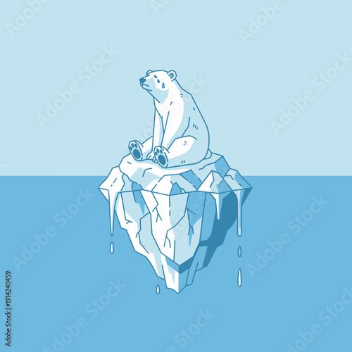 Sad polar bear sitting on melting iceberg, climate change, global warming, environmental crisis
