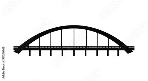 Black silhouette of a large arch bridge with vertical supports against a white background