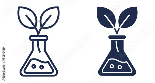 Set of two icons showing a chemical flask with a plant for environmental science