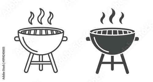 Two charcoal barbecue grill symbols in outline and solid styles for food menu design