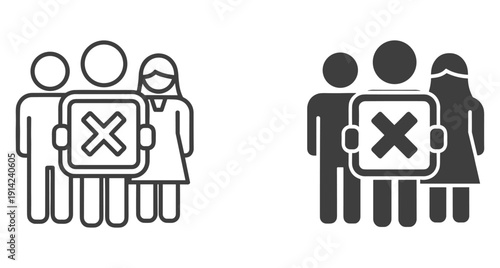 Outline and solid icons of crowd holding a banner with an X symbol
