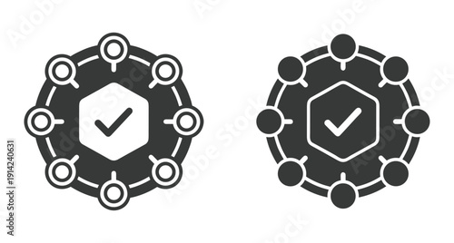 Set of two circular network icons featuring a central checkmark for system verification