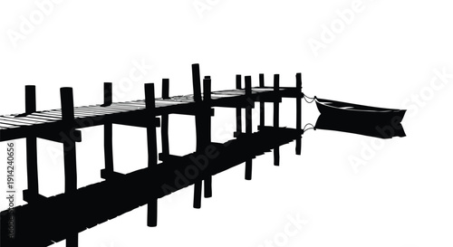 Black silhouette of a small boat tied to a wooden dock with posts