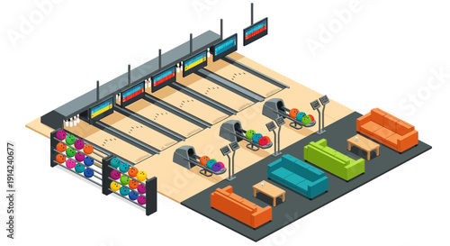 Isometric illustration of a vibrant bowling alley with colorful lanes and seating area