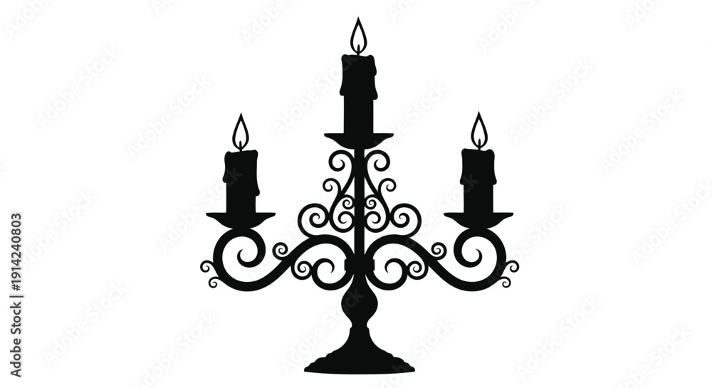 Naklejka premium Black silhouette of a three-armed candelabra with curling metalwork and lit candles