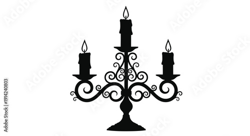 Black silhouette of a three-armed candelabra with curling metalwork and lit candles