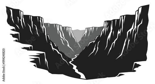 Black silhouette of a deep canyon with rugged cliffs and rocky terrain against a white background