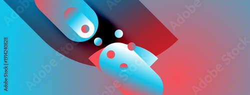 Abstract shapes intersect. Vibrant blue, red, purple gradients create dynamic composition. Circles add depth, visual interest. Modern design.