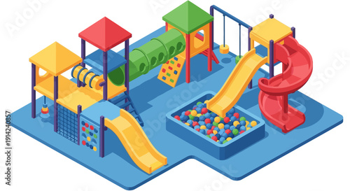 Colorful children's playground with slides and climbing structures.