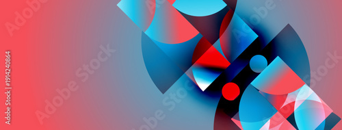 Abstract composition featuring overlapping shapes, vibrant colors. Red, blue hues dominate design, creating dynamic visual effect.