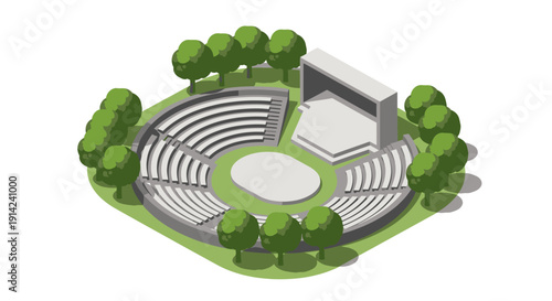 Aerial view of an outdoor amphitheater surrounded by lush greenery and trees via ImageFX