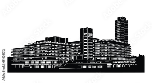 Black silhouette of a modern city skyline with tall buildings and skyscrapers against a white background