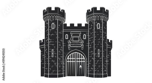 Black silhouette of a medieval castle with two towers and a large gate