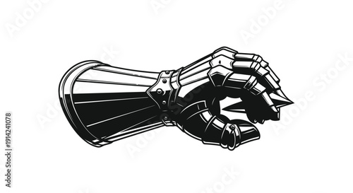 Black and white illustration of a medieval armored fist with spiked gauntlet