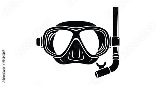 Black silhouette of diving mask and snorkel on white background