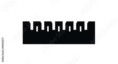 Black castle wall silhouette with battlements and towers on white background