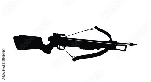 Black silhouette of a modern crossbow with bolt, against a white background, minimalist flat design