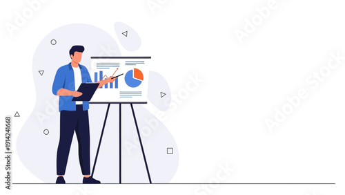 Businessman presenting financial report on whiteboard with charts and pie graph
