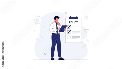 Businessman reviewing company policy checklist on clipboard, strategic planning