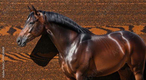 A brown horse with a black mane standing on a brown and orange patterned rug indoors