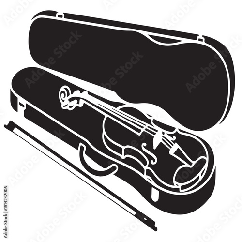 Detailed violin and bow in open case, musical instrument silhouette, orchestra string icon, classic music accessory set on checkered background
