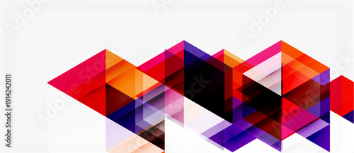 Abstract geometric shapes overlap, creating dynamic colorful composition. Red, purple, orange hues dominate white background.