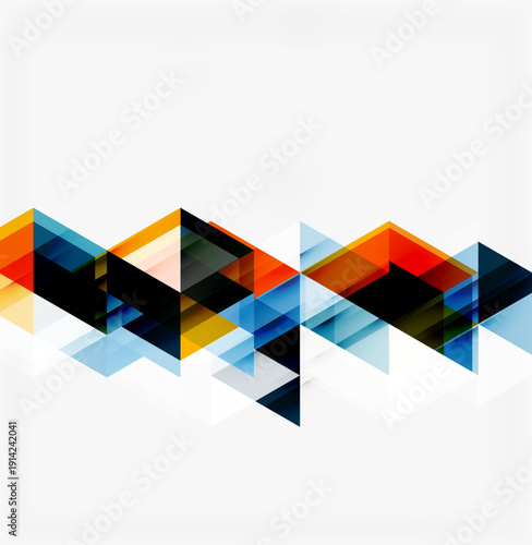 Abstract geometric design. Colorful triangles overlap, creating dynamic pattern. Modern, minimalist aesthetic. Bright hues contrast white background.