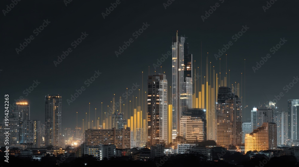 Fototapeta premium Urban Skyline with Abstract Financial Growth Visualization at Night, Illuminated Buildings and Data Elements Representing Business Expansion and Innovation