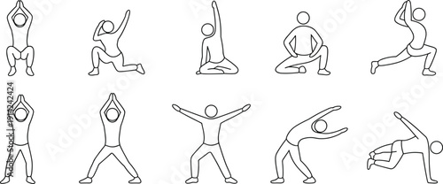 Set of minimalist line art stick figure icons depicting various yoga poses, stretching exercises, gymnastic movements, and fitness positions for wellness and workout designs.