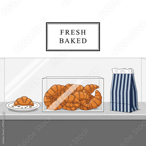 Freshly baked croissants in a bakery display case with a paper bag