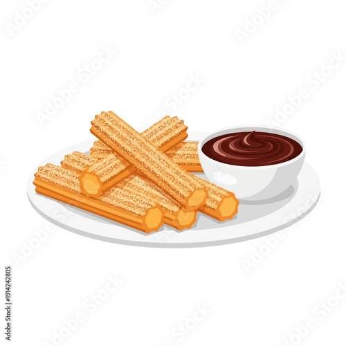 Delicious Churros with Chocolate Dip on a White Plate