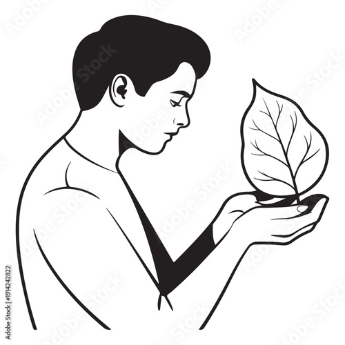 Young man holding delicate green leaf gently, nature and human connection concept, environmental awareness symbol, profile silhouette on checkered backdrop