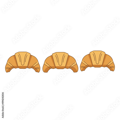 Three golden croissants lined up on a white background, fresh baked pastry