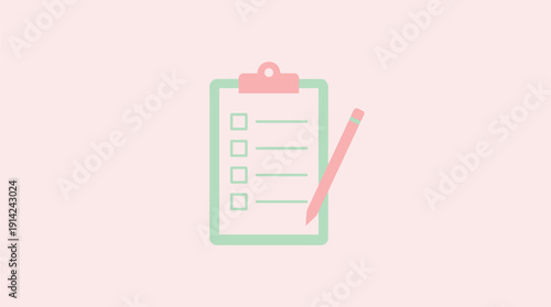 A pastel-colored illustration of a clipboard with a checklist and pencil on a soft pink background, symbolizing organization and task management in a minimalist style.