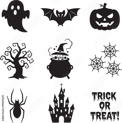 Spooky Halloween Silhouette Icons - Horror Character and Haunted House Vector Set
