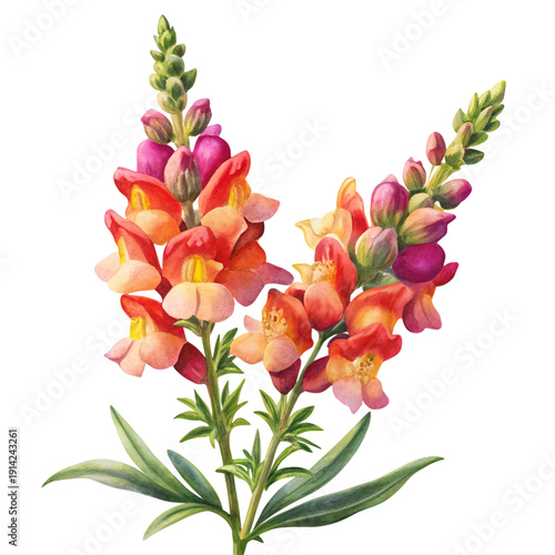 Detailed watercolor painting of two vibrant snapdragon flower stalks on black background
