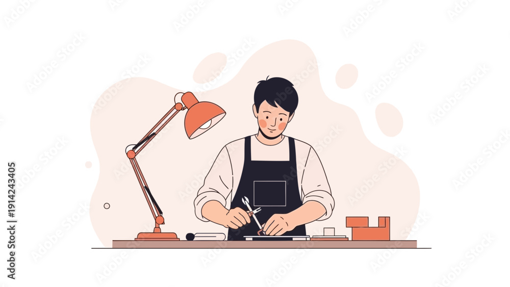Fototapeta premium Craftsman working on a project with tools and lamp, flat design illustration