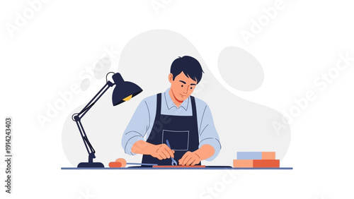 Craftsman working at desk with lamp and tools, illustration of handmade creation