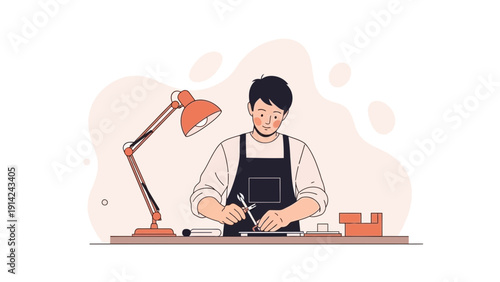 Craftsman working on a project with tools and lamp, flat design illustration